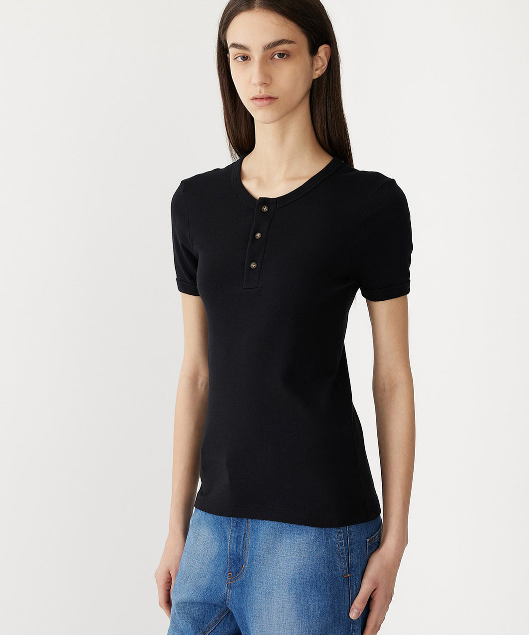 slim rib placket short sleeve t shirt BLACK