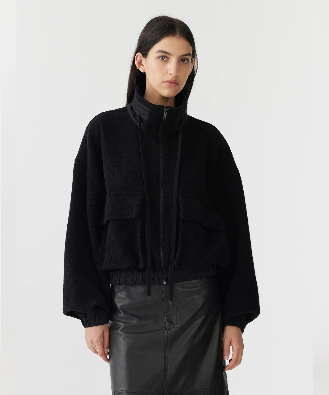 woollen zip front jacket BLACK