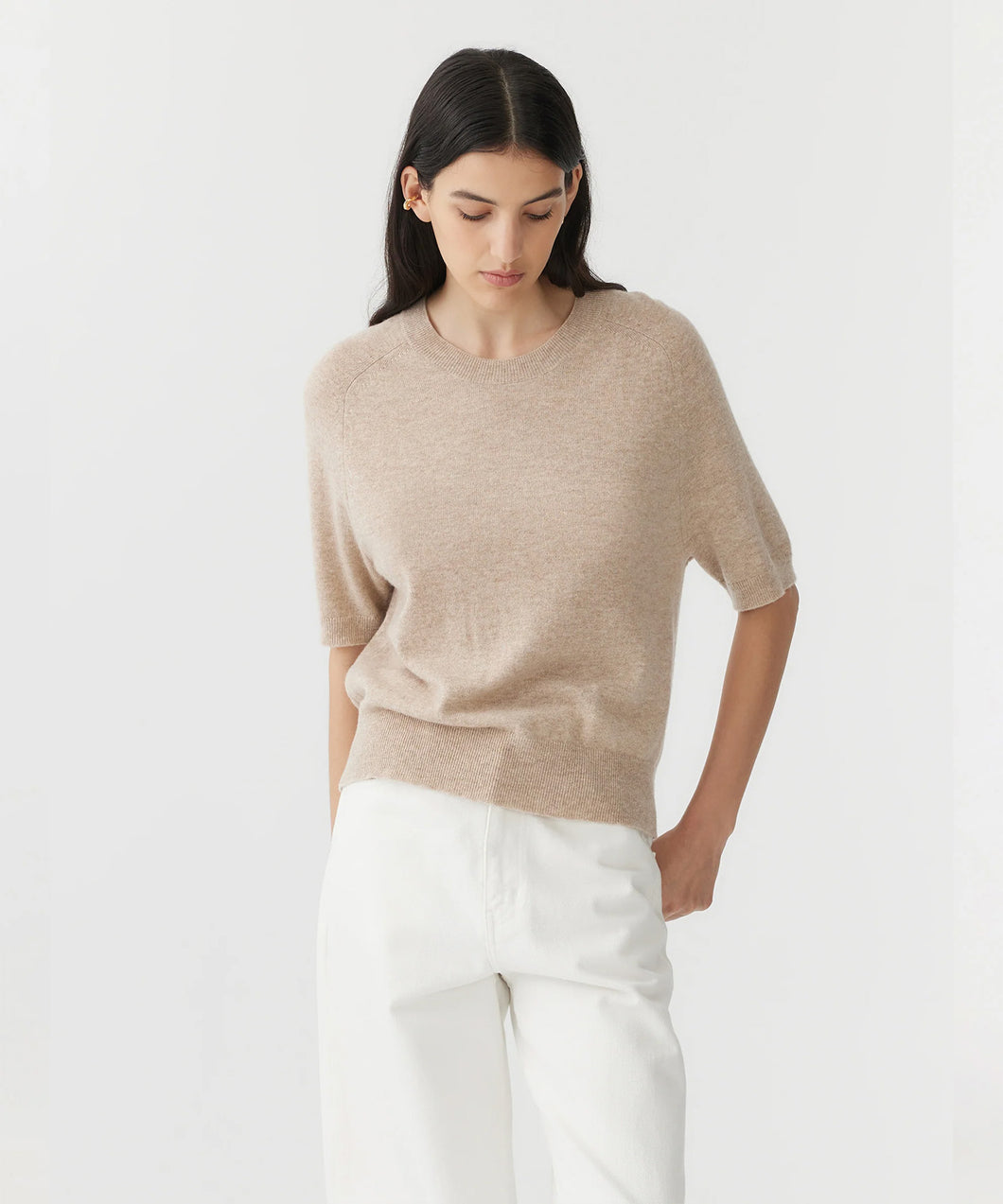 wool cashmere knit t shirt TAN
