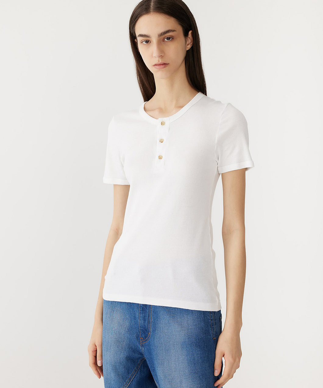 slim rib placket short sleeve t shirt WHITE